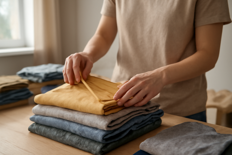 personne triant vêtements seconde-main sur table