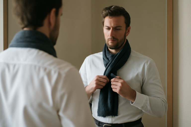 homme ajustant foulard ou ceinture devant miroir