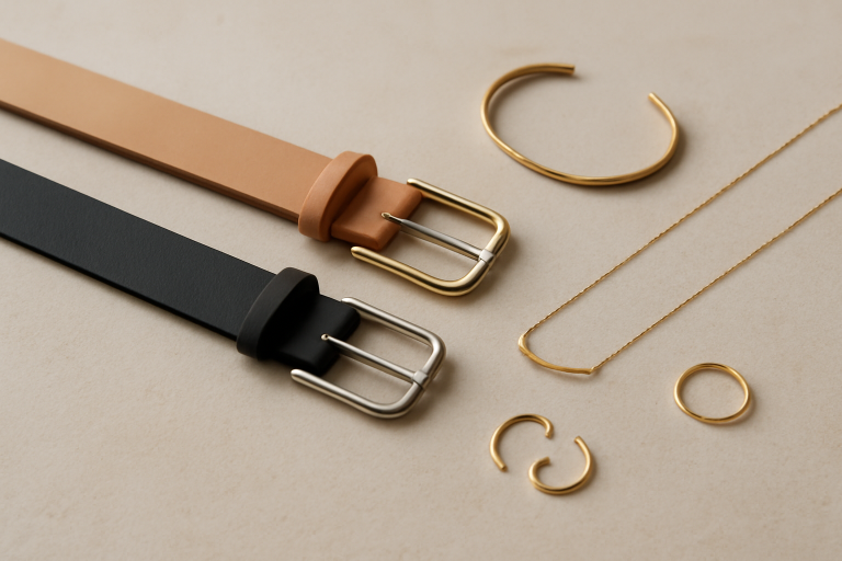 ceintures et bijoux minimalistes disposés sur une table