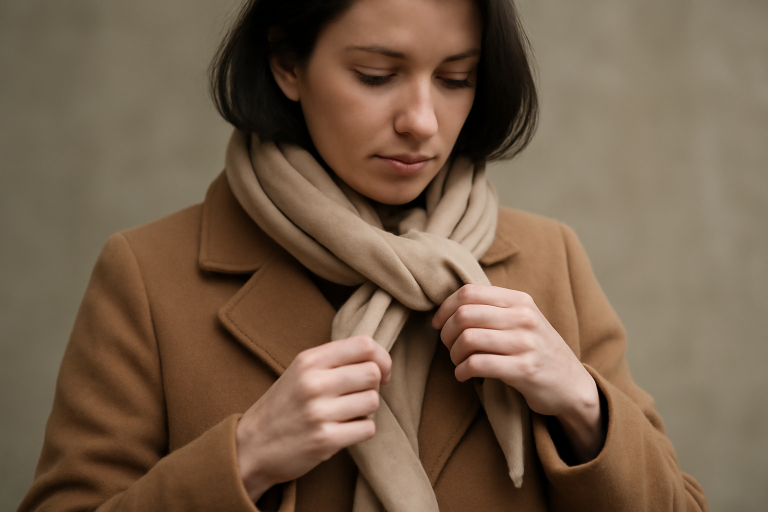 femme nouant foulard autour du col manteau