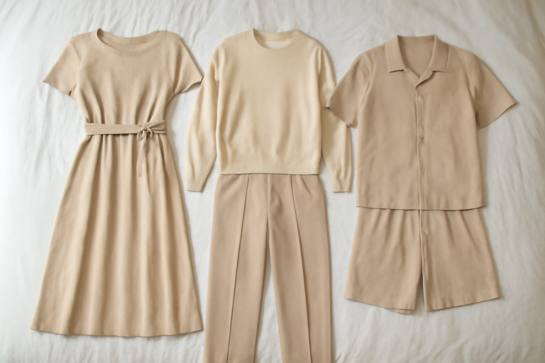 trois tenues coordonnées posées sur un lit