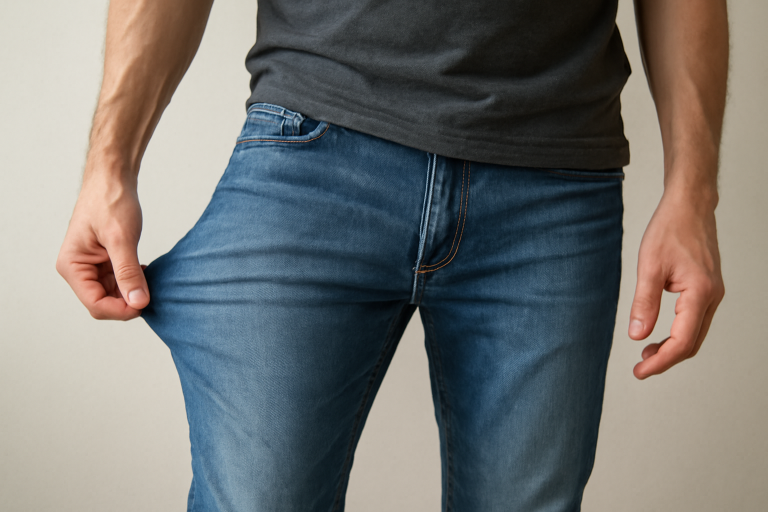 homme tirant tissu du jean aux cuisses