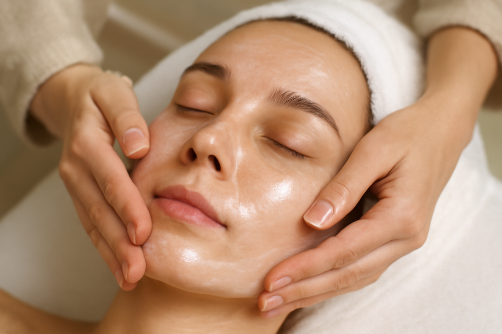 mains appliquant un soin illuminateur sur le visage
