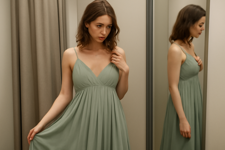 femme essayant une robe fluide en cabine