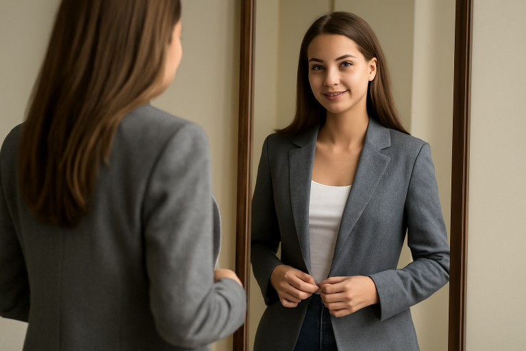 femme essayant un blazer devant un miroir