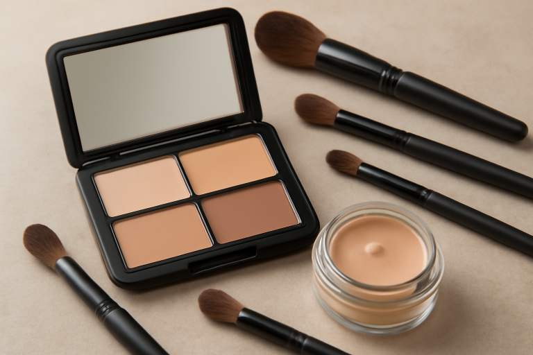 kit maquillage avec pinceaux et correcteur ouvert