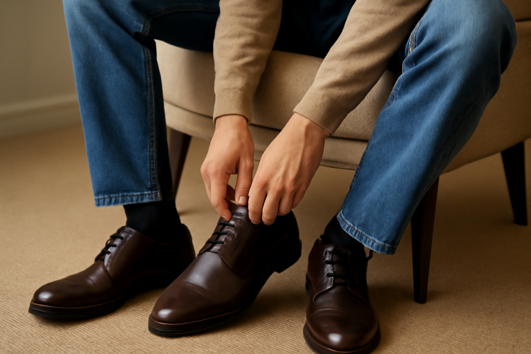 personne essayant des chaussures sur un siège