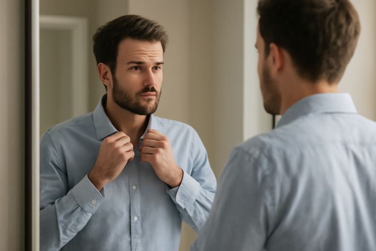 homme essayant une chemise devant un miroir