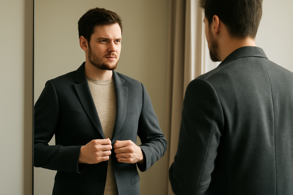 homme essayant une veste devant un miroir