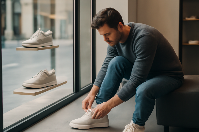 homme essayant des sneakers dans une vitrine