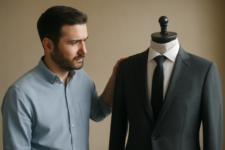 homme regardant un costume posé sur un mannequin