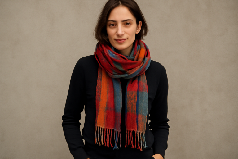 femme portant une écharpe colorée sur tenue monochrome