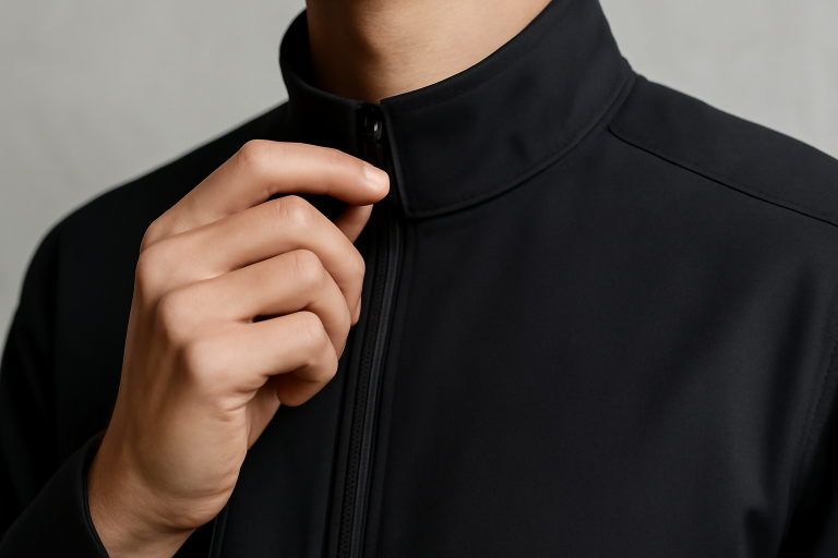 main ajustant col d'une veste minimaliste