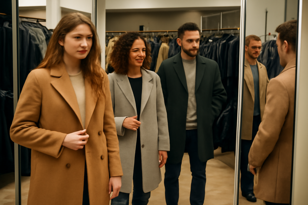 personnes essayant manteaux divers en boutique