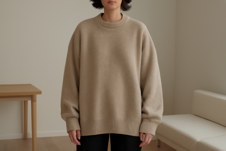 personne portant un pull oversize dans un intérieur minimal