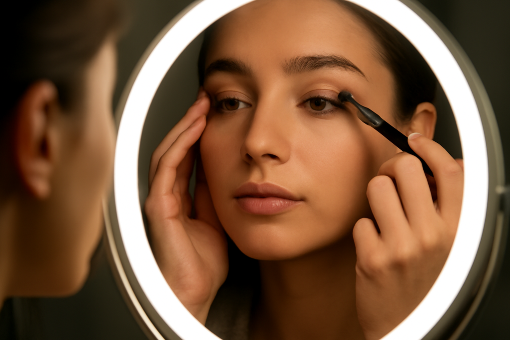mains retouchant maquillage devant miroir lumineux
