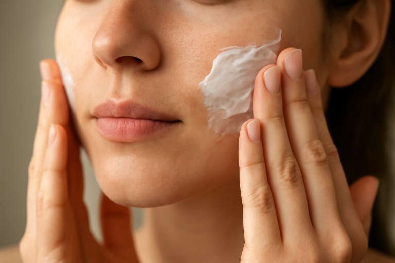 mains appliquant une crème sur le visage