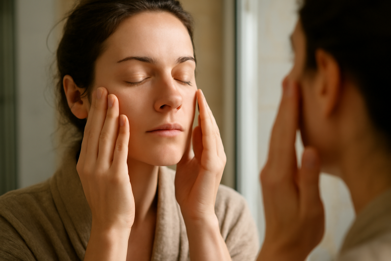 doigts massant visage devant miroir matin
