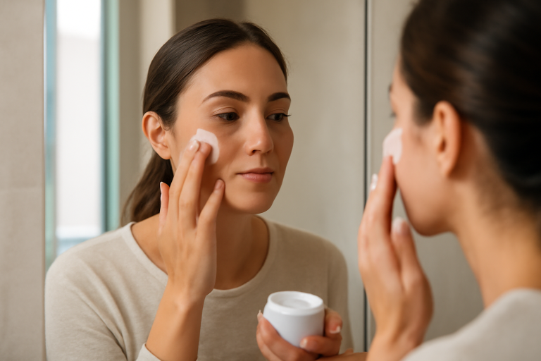 personne appliquant crème matin devant miroir