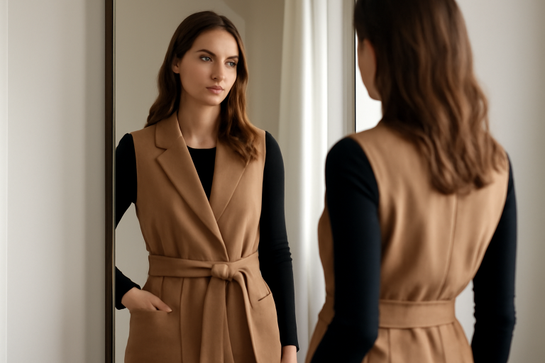femme portant gilet ceinturé devant miroir