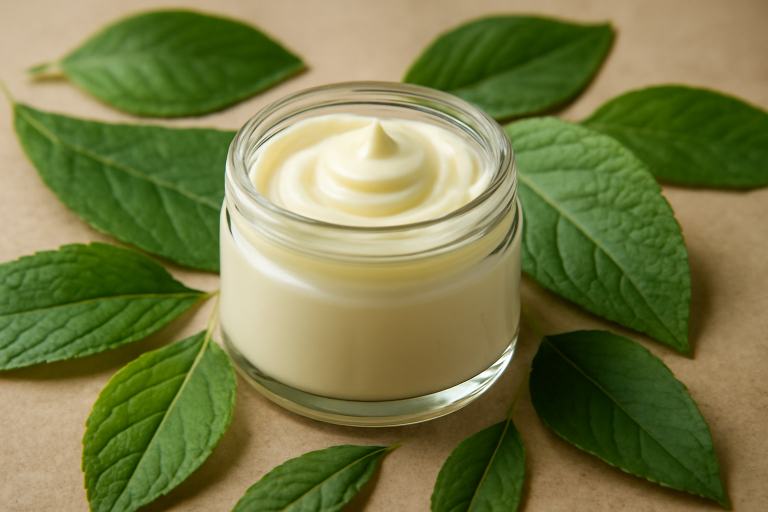 pot de creme entouré de feuilles apaisantes