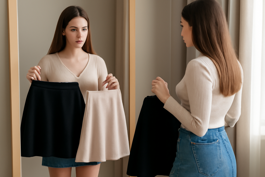 femme comparant deux jupes devant un miroir