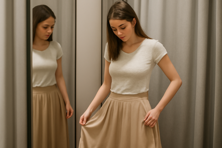 femme essayant une jupe fluide en cabine