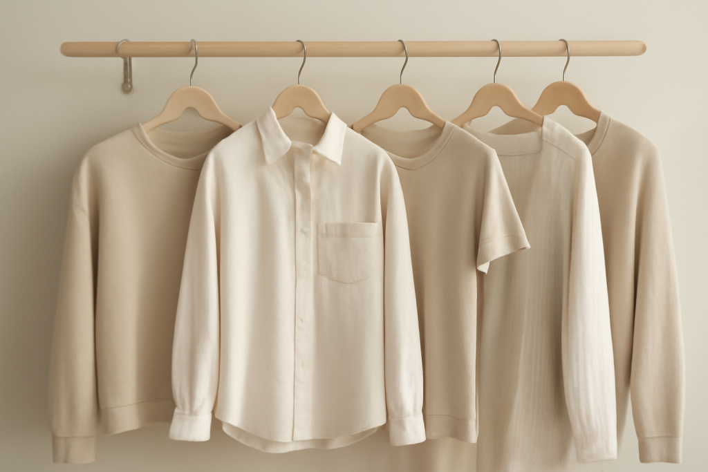vêtements minimalistes neutres accrochés sur une tringle
