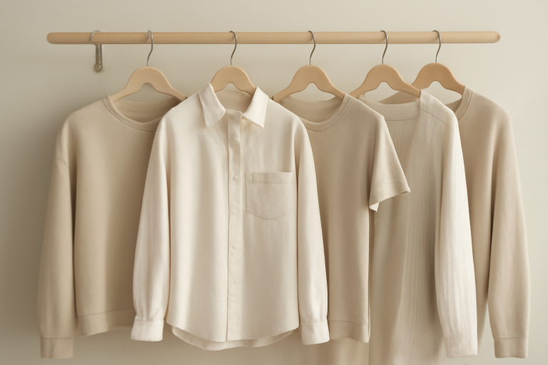 vêtements minimalistes neutres accrochés sur une tringle