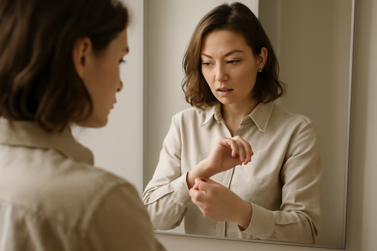 femme ajustant longueur manches devant miroir
