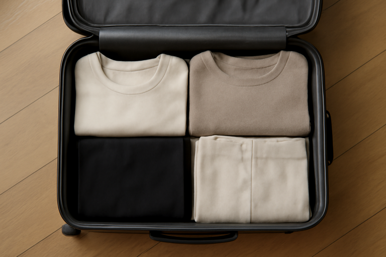 valise ouverte avec tenues minimalistes pliées