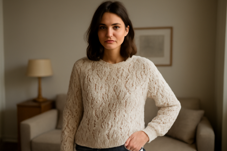 femme portant un pull ajoure pose chez elle