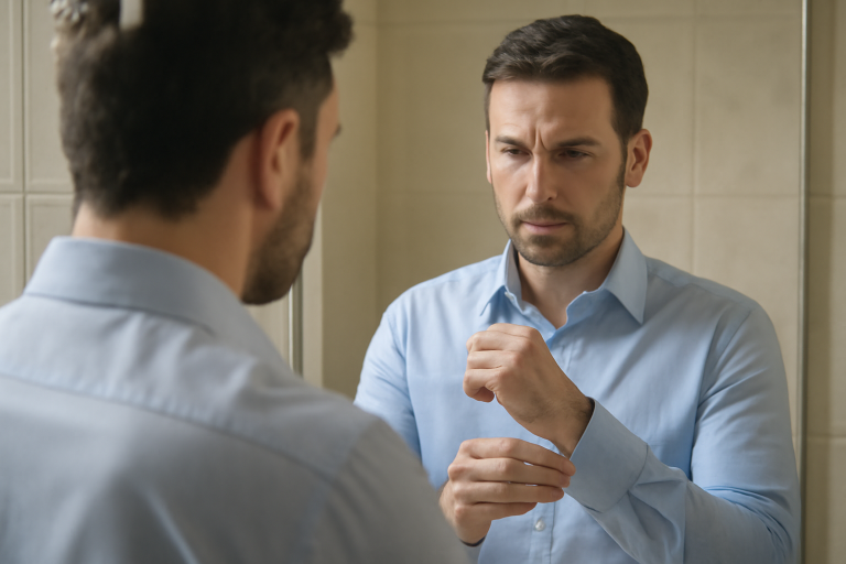 homme ajustant sa manche devant un miroir