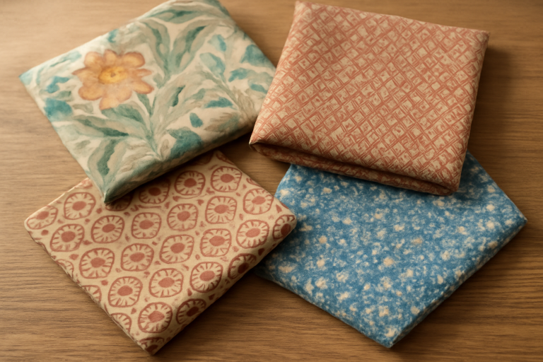 tissus a motifs poses sur une table