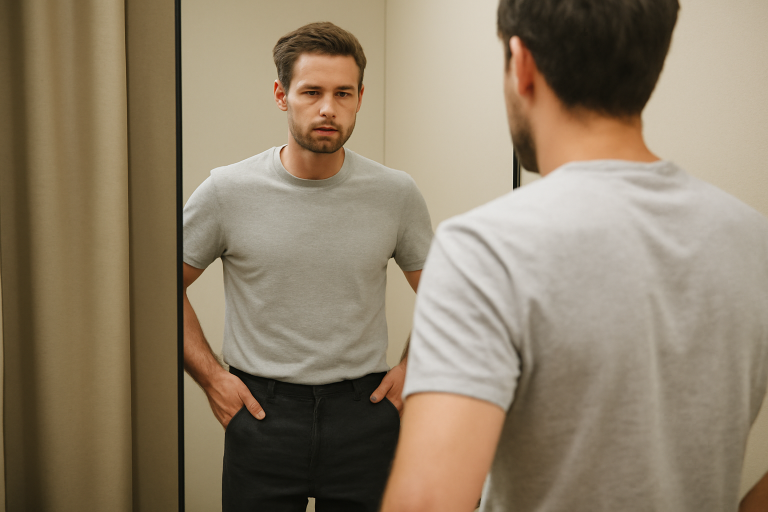 homme essayant un pantalon devant un miroir