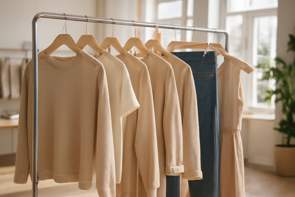 vêtements durables suspendus en boutique lumineuse