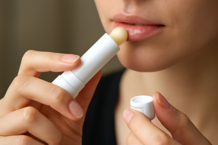mains appliquant un baume lèvres avant maquillage