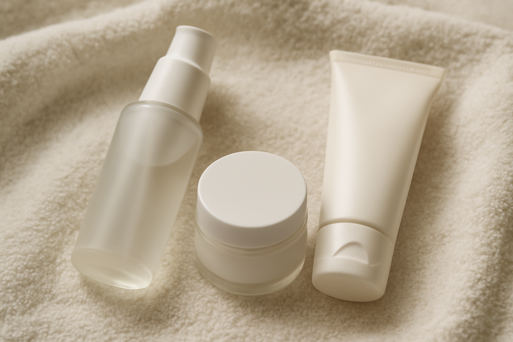 trio de soins essentiels sur une serviette