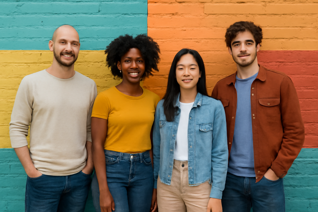 personnes posant tenues variées devant mur coloré