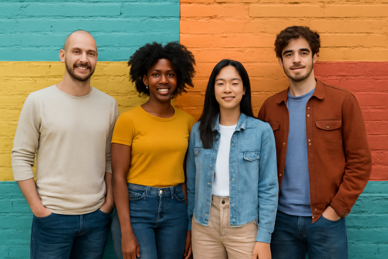 personnes posant tenues variées devant mur coloré