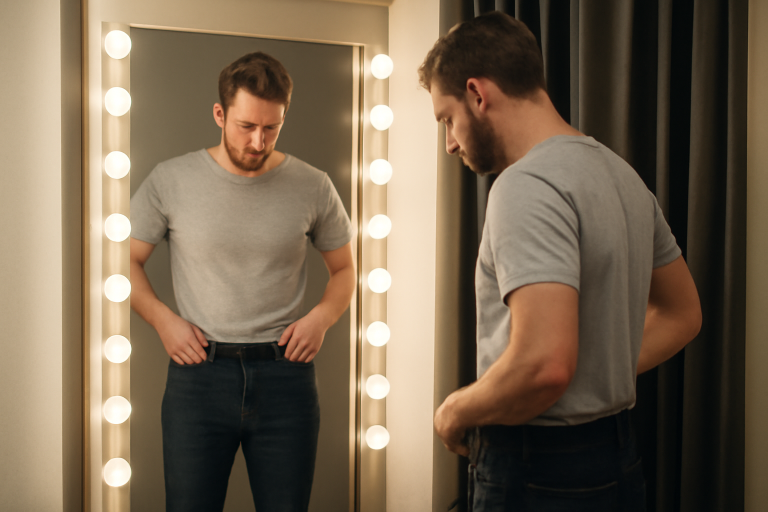 homme essayant pantalons devant miroir lumineux