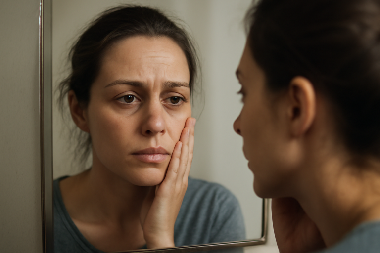 visage au teint terne regardé dans un miroir