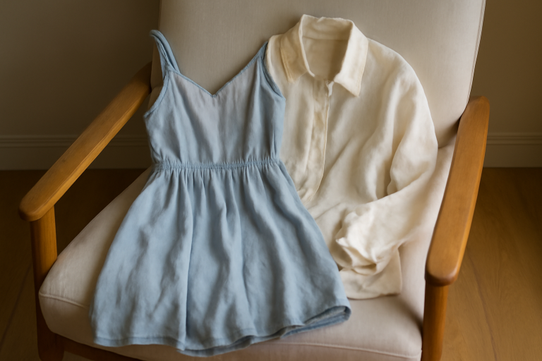 robe légère et chemise posées sur un fauteuil