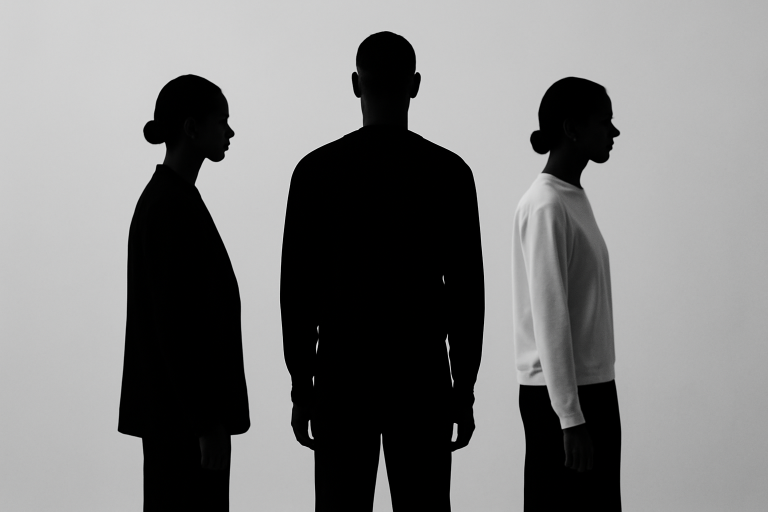 trois silhouettes vêtues de looks minimalistes contrastés