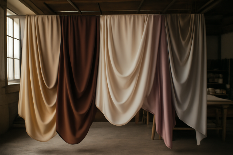 mètres de tissu fluide suspendus dans un atelier
