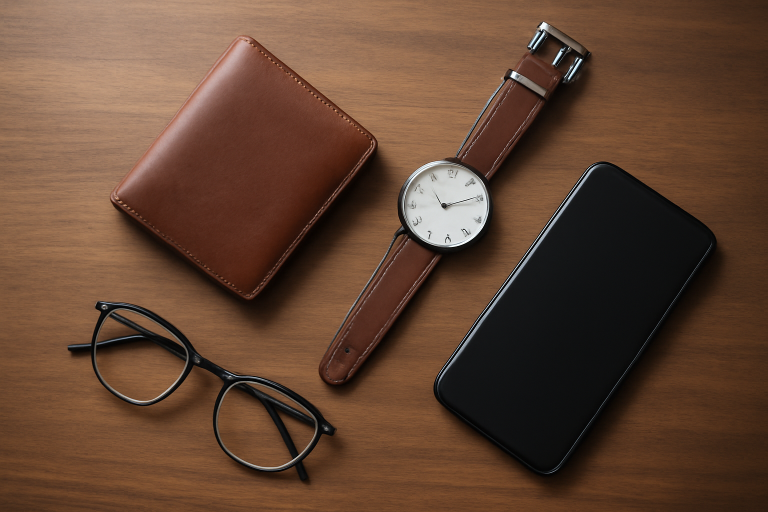 accessoires minimalistes posés sur table en bois