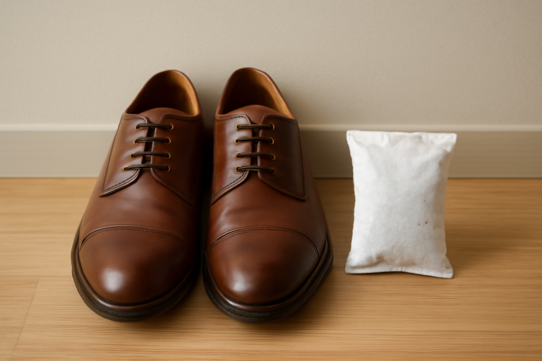 paire de chaussures rangée avec sachet désodorisant