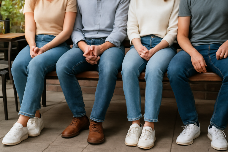 personnes portant jeans coupes différentes en terrasse