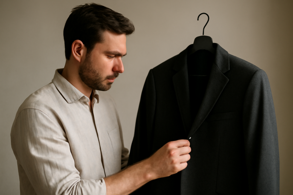 homme examinant une veste droite sur un cintre