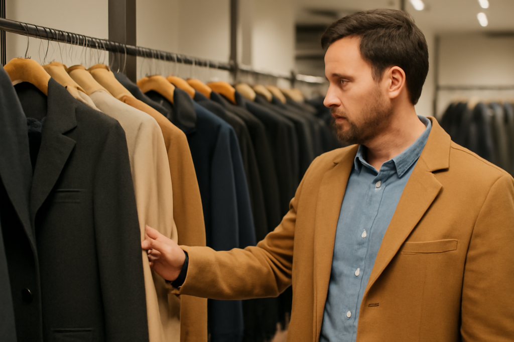 homme regardant vestes sur cintres en magasin